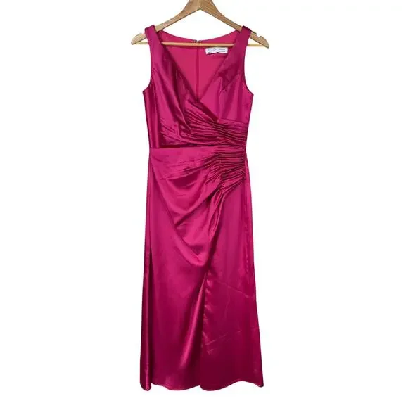 Mac Duggal NWT Pink Satin Ruched V-Neck Faux Wrap Midi Dress Size 4 Sleeveless - Picture 3 of 10